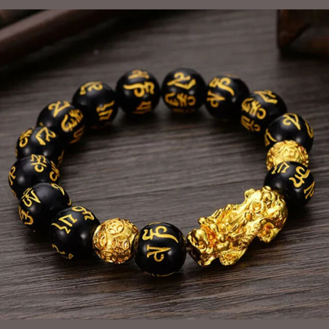 Om Mani Padme Black Tourmaline Bracelet – Spiritual Protection | Gold-Plated