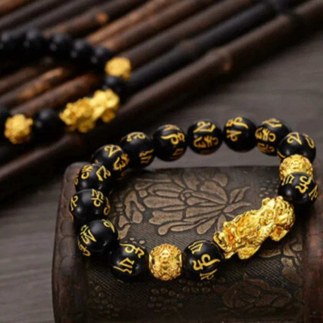 Om Mani Padme Black Tourmaline Bracelet – Spiritual Protection | Gold-Plated