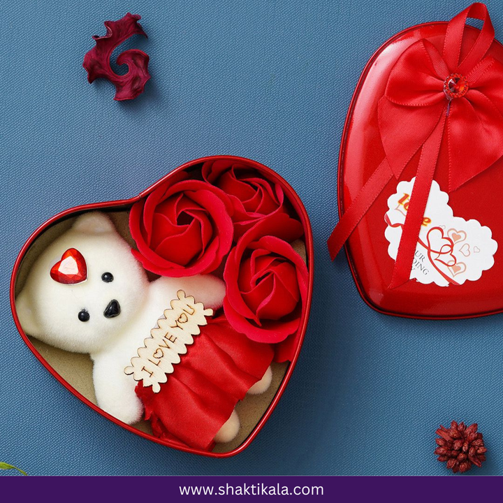 Red Roses & Teddy Valentine Heart Gift Box