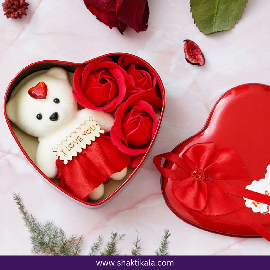 Red Roses & Teddy Valentine Heart Gift Box
