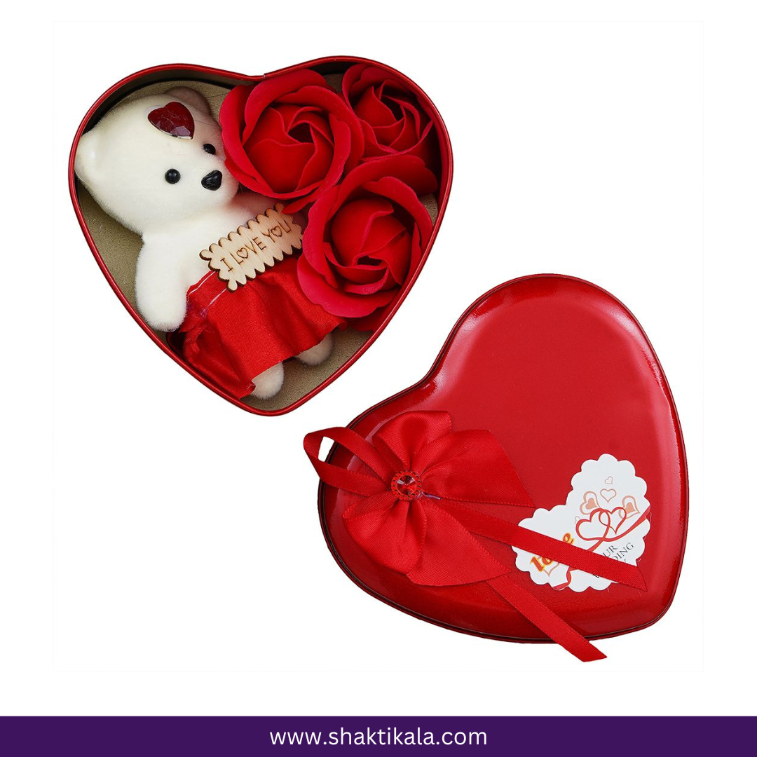 Red Roses & Teddy Valentine Heart Gift Box