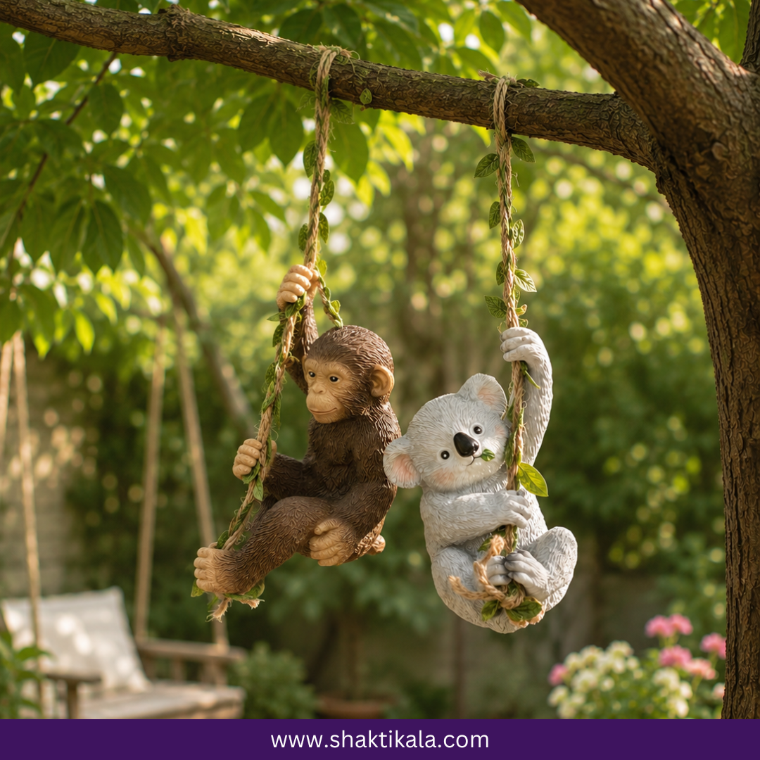 Monkey & Koala Tree Climber Set | Resin Garden Decor