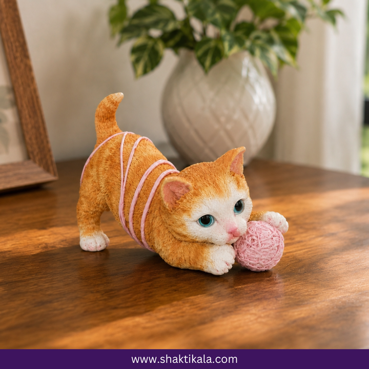 Cute Cat Figurine with Yarn Ball | Adorable Home Decor Showpiece