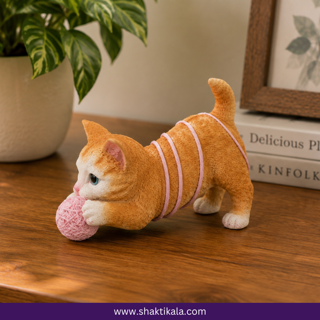 Cute Cat Figurine with Yarn Ball | Adorable Home Decor Showpiece