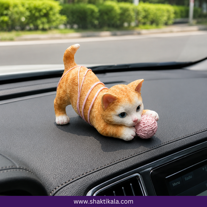 Cute Cat Figurine with Yarn Ball | Adorable Home Decor Showpiece