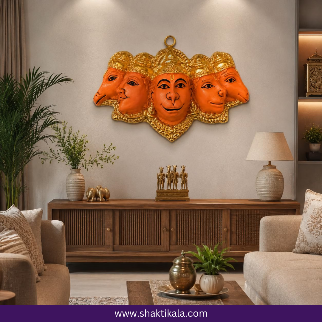 Panchmukhi Hanuman Wall Decor | Gold Finish Resin Murti