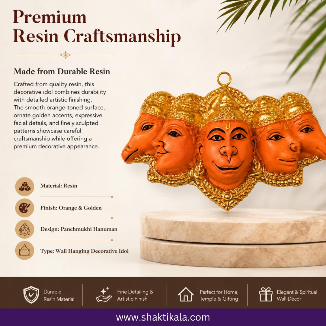 Panchmukhi Hanuman Wall Decor | Gold Finish Resin Murti