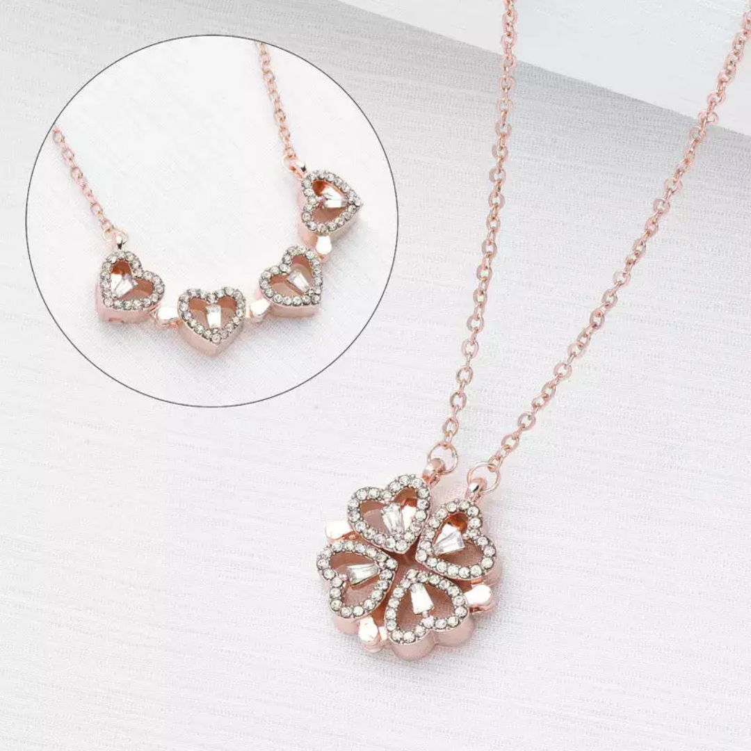 4-pcs Zircon Heart Magnetic Clover Necklace - Rose Gold Plated | Anti-Tarnish