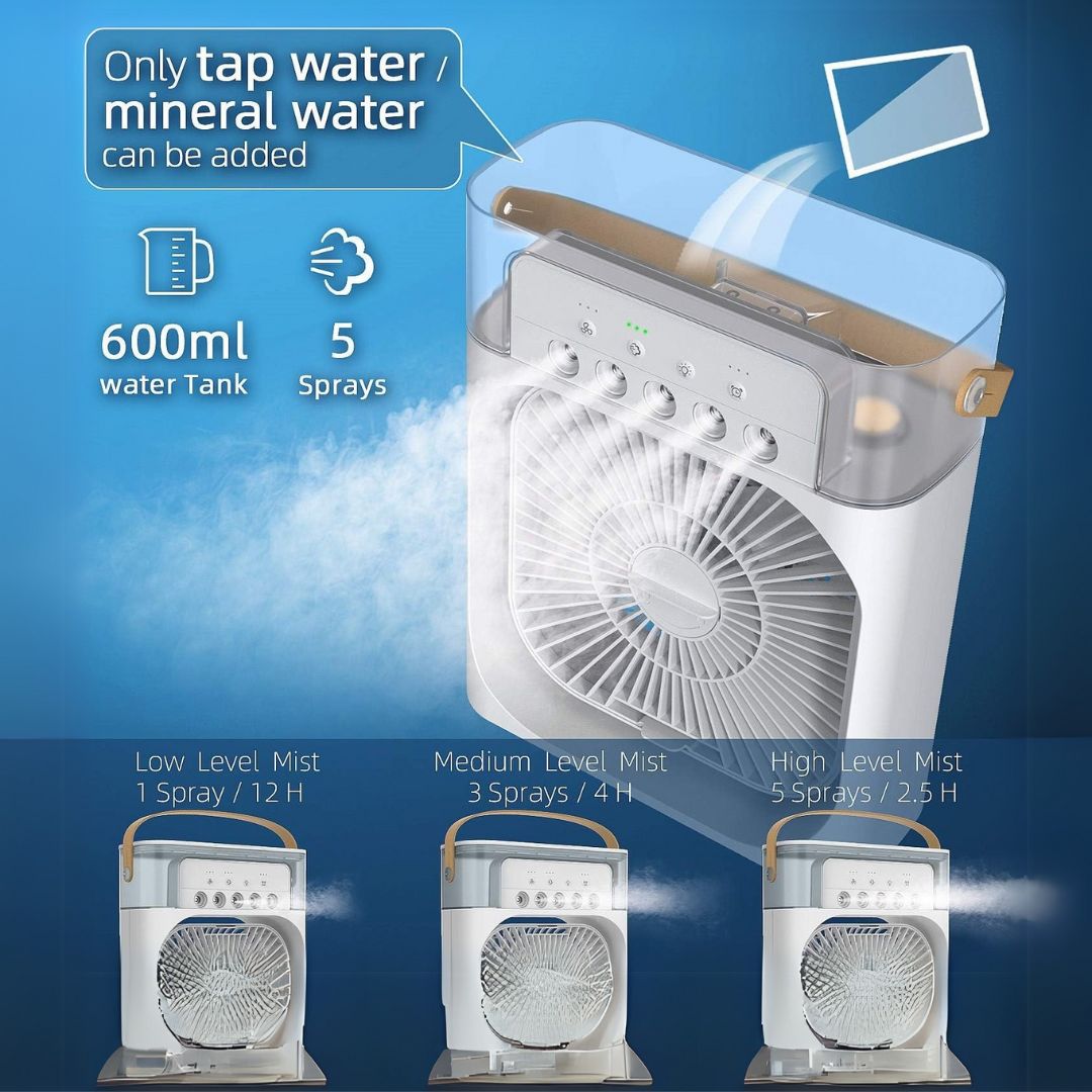 Portable Mini Air Cooler | 3 Wind Speeds & Spray Modes | Room, Office, Travel Cooling Fan