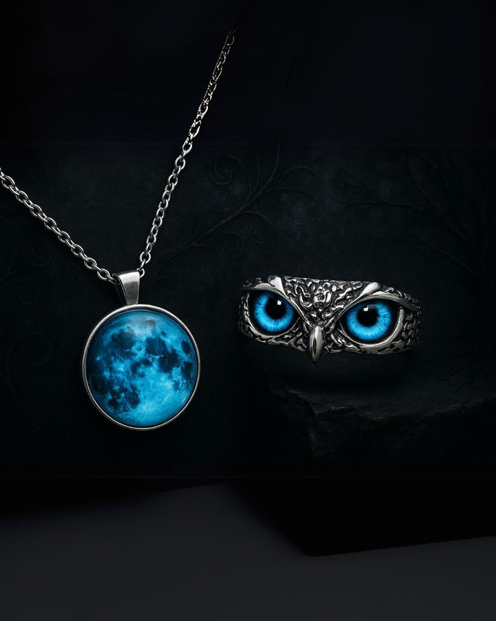 Glowing Moon Pendant & Blue-Eyed Owl Ring Combo | Unisex Gothic Jewelry Set for Men & Women
