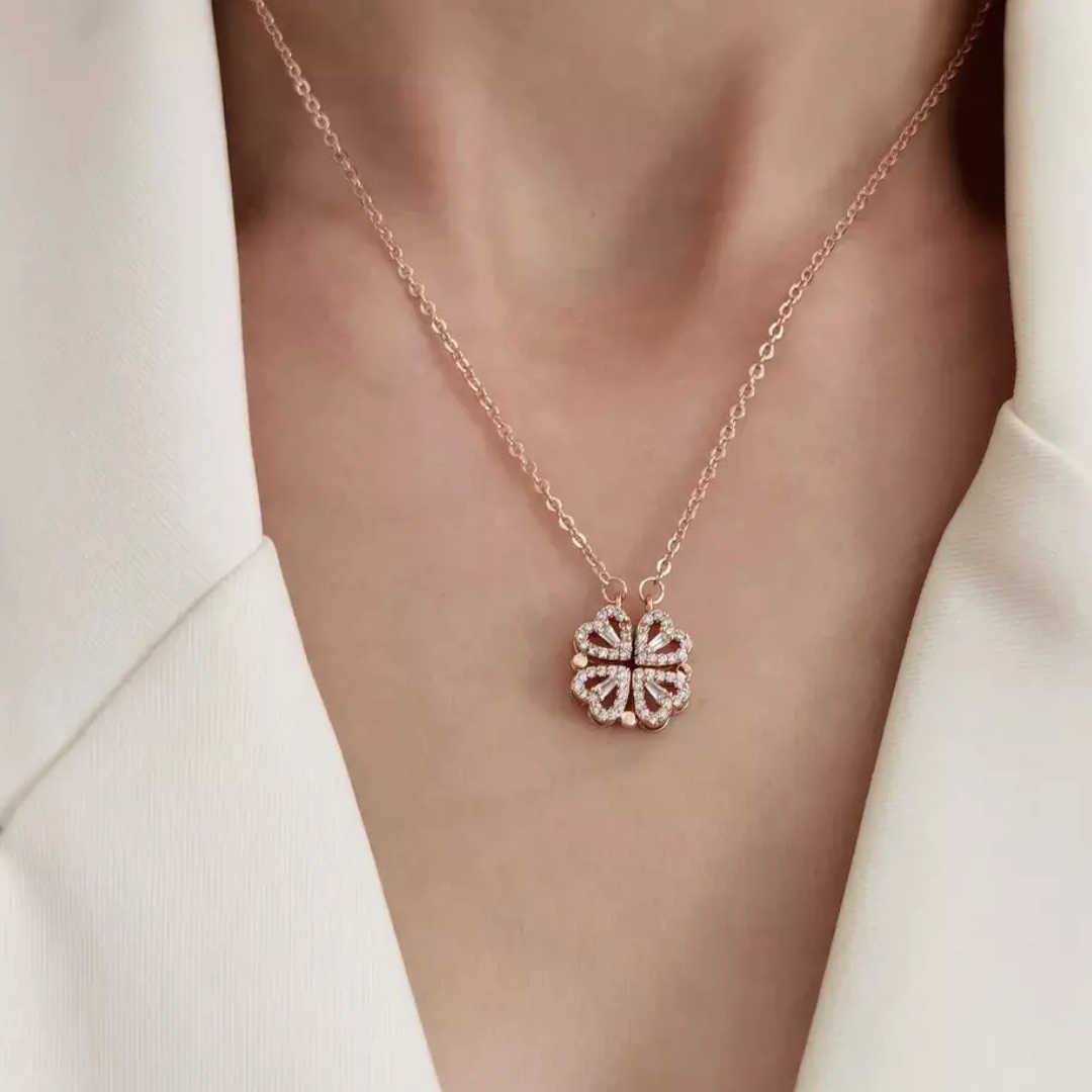 4-pcs Zircon Heart Magnetic Clover Necklace - Rose Gold Plated | Anti-Tarnish