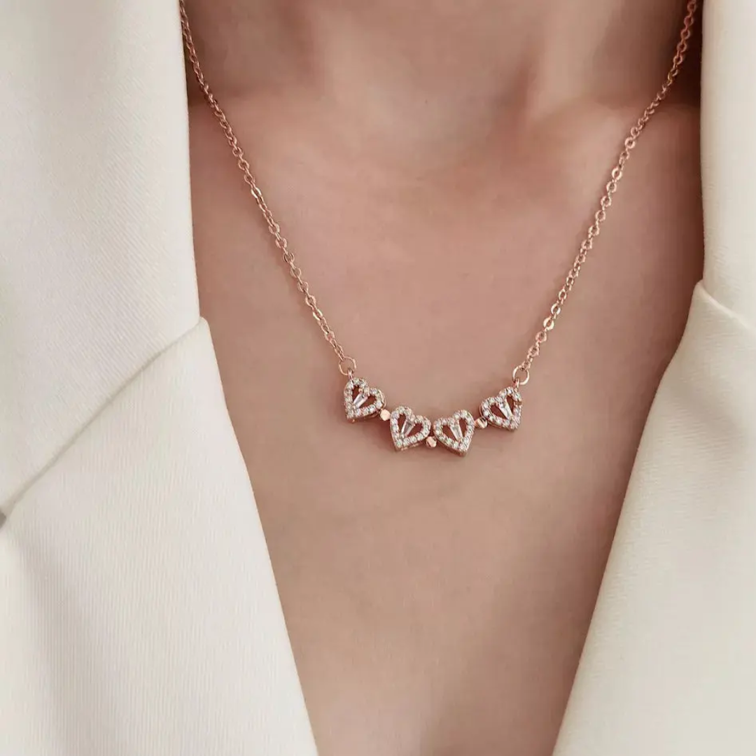 4-pcs Zircon Heart Magnetic Clover Necklace - Rose Gold Plated | Anti-Tarnish