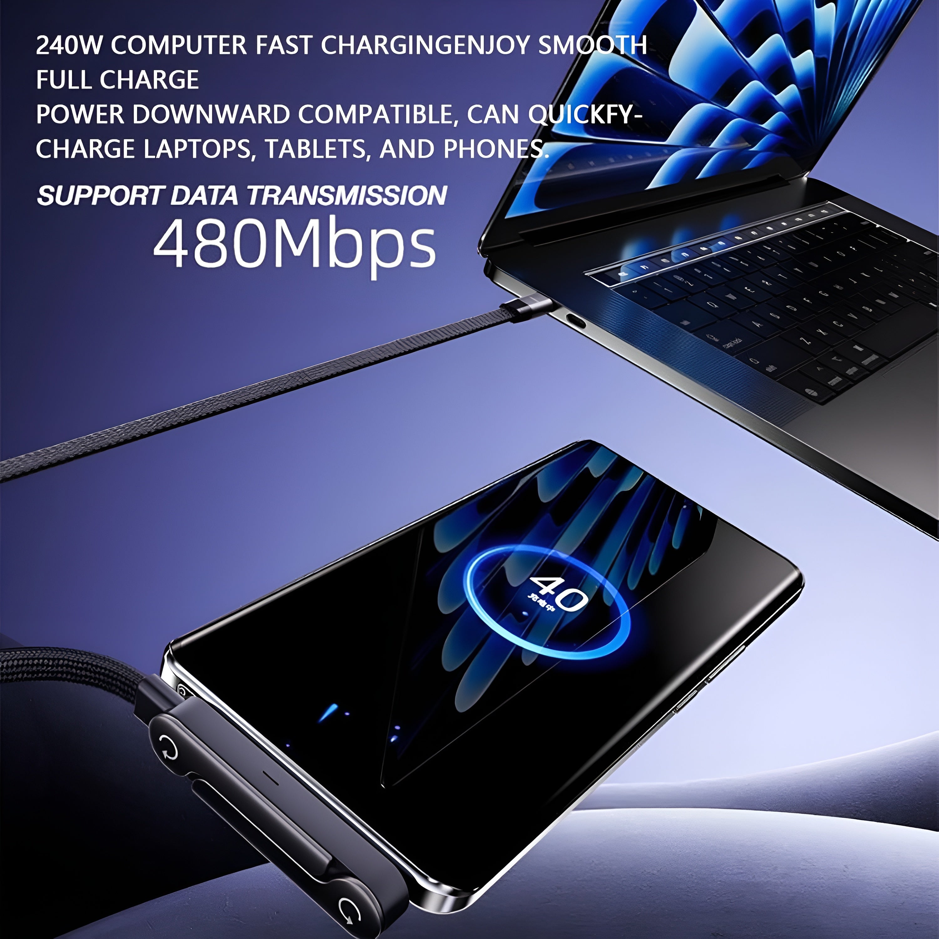 2-in-1 Sideways Phone Charger Cable with Stand | 240W Fast Charging USB-C to USB-C Cable | Invisible Phone Holder for Hands-Free Viewing & Gaming