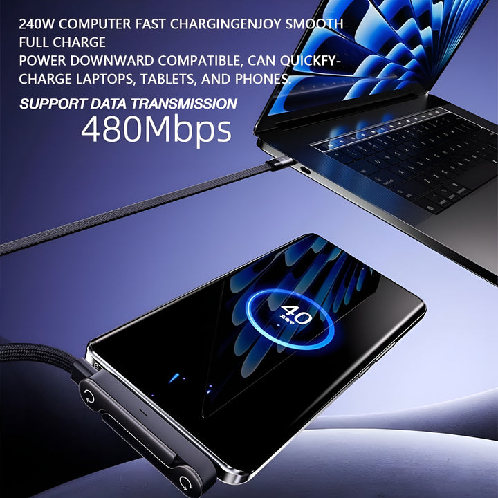 2-in-1 Sideways Phone Charger Cable with Stand | 240W Fast Charging USB-C to USB-C Cable | Invisible Phone Holder for Hands-Free Viewing & Gaming