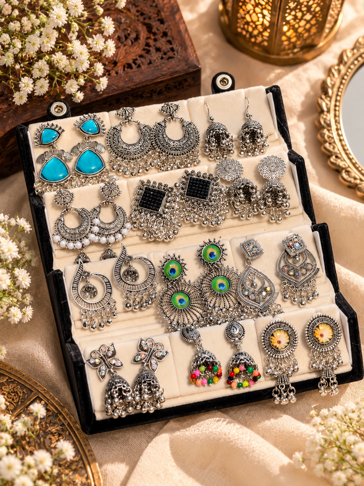 Velvet Jhumka Organizer Box with 12 Pairs Oxidised Earrings