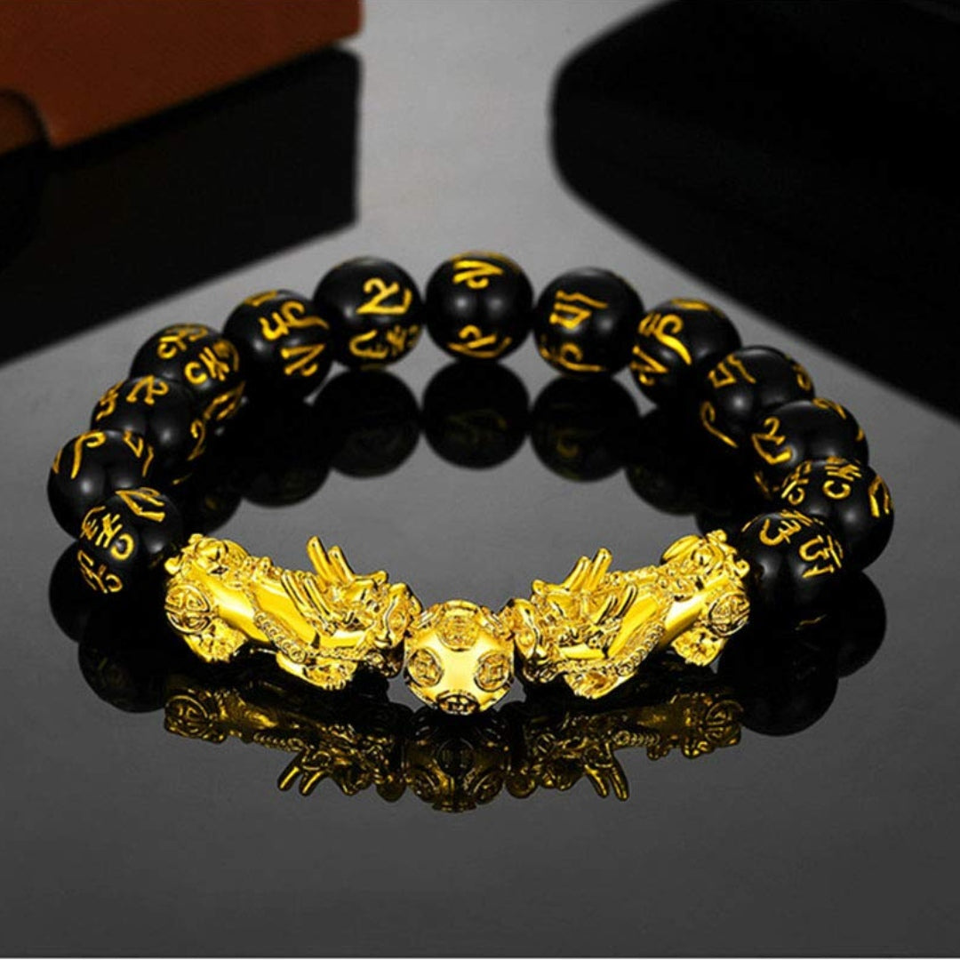 Om Mani Padme Black Tourmaline Bracelet – Spiritual Protection | Gold-Plated