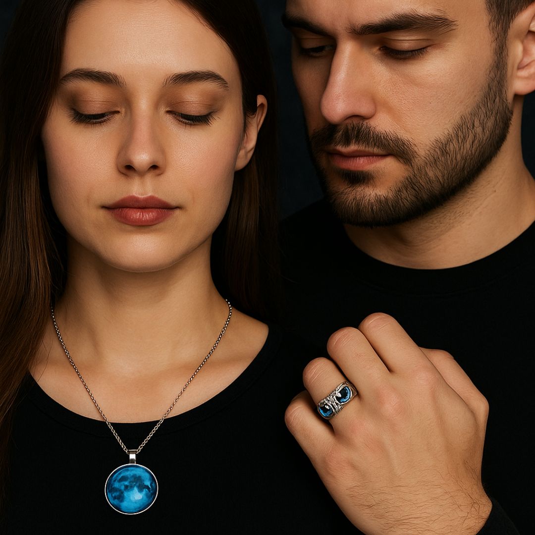 Glowing Moon Pendant & Blue-Eyed Owl Ring Combo | Unisex Gothic Jewelry Set for Men & Women