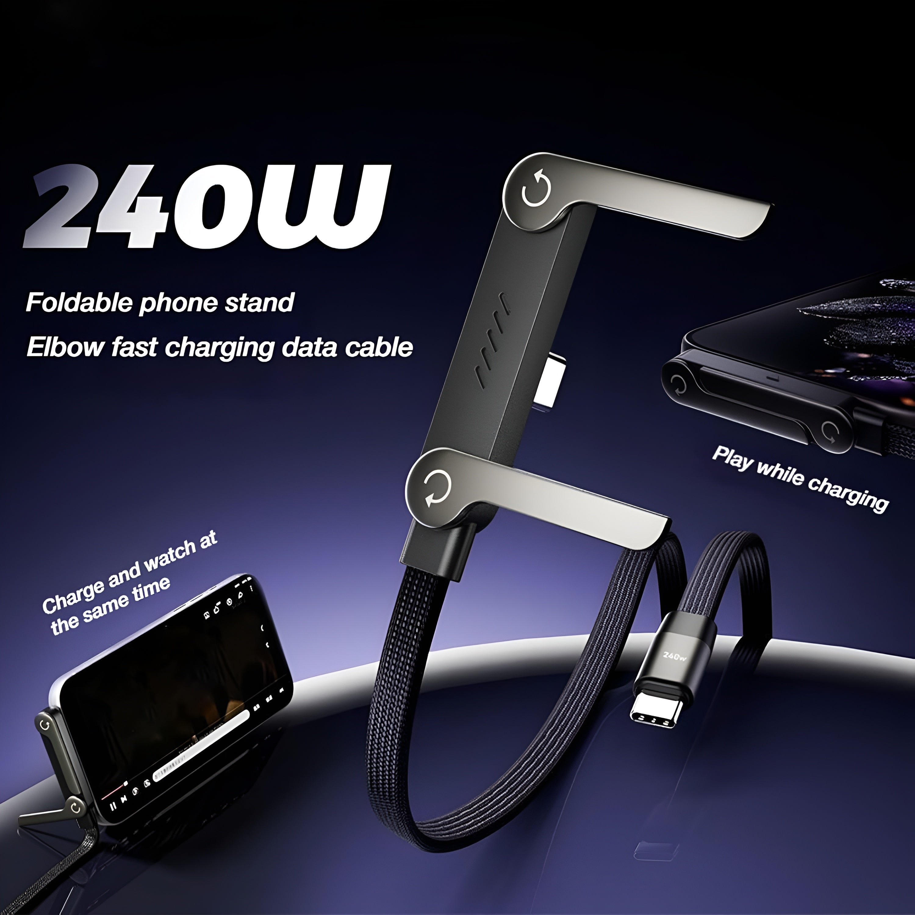 2-in-1 Sideways Phone Charger Cable with Stand | 240W Fast Charging USB-C to USB-C Cable | Invisible Phone Holder for Hands-Free Viewing & Gaming