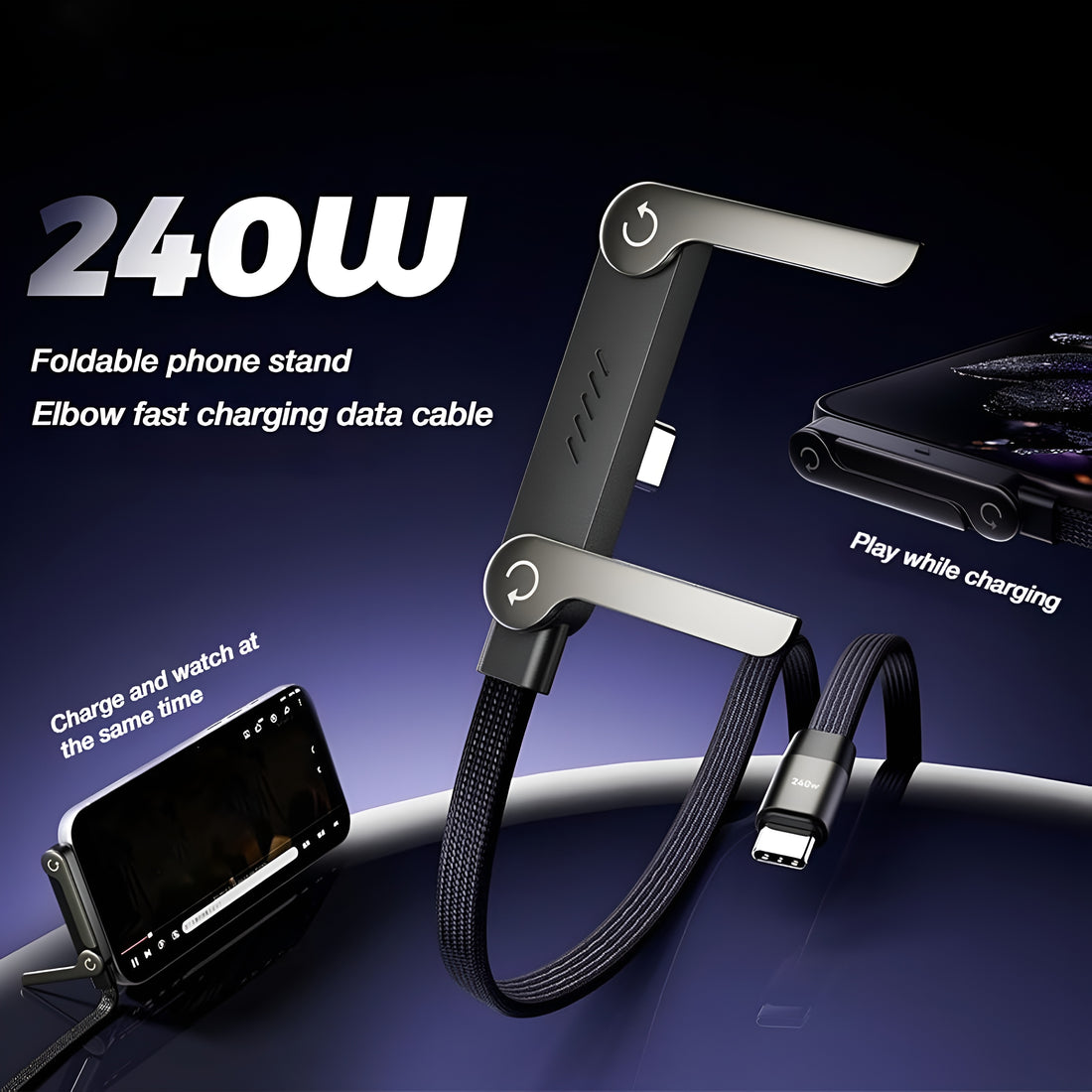 2-in-1 Sideways Phone Charger Cable with Stand | 240W Fast Charging USB-C to USB-C Cable | Invisible Phone Holder for Hands-Free Viewing & Gaming