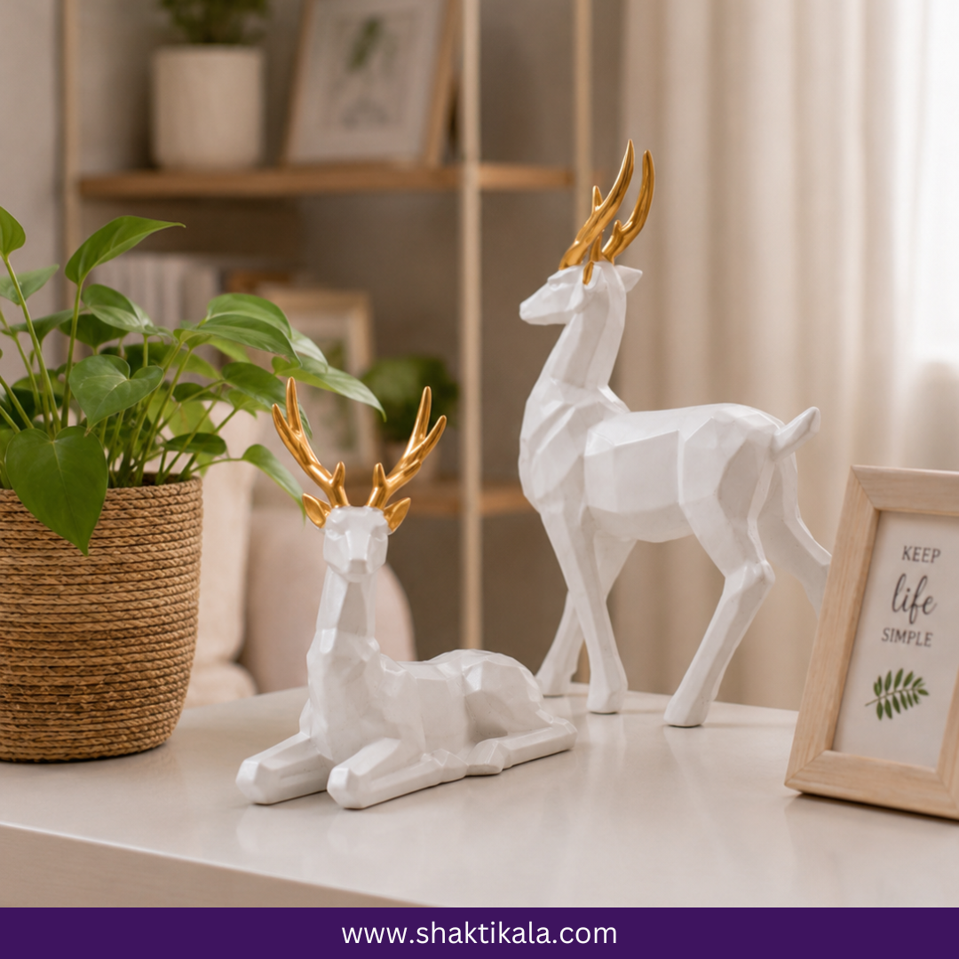White & Gold Deer Showpiece Pair | Luxury Home Decor